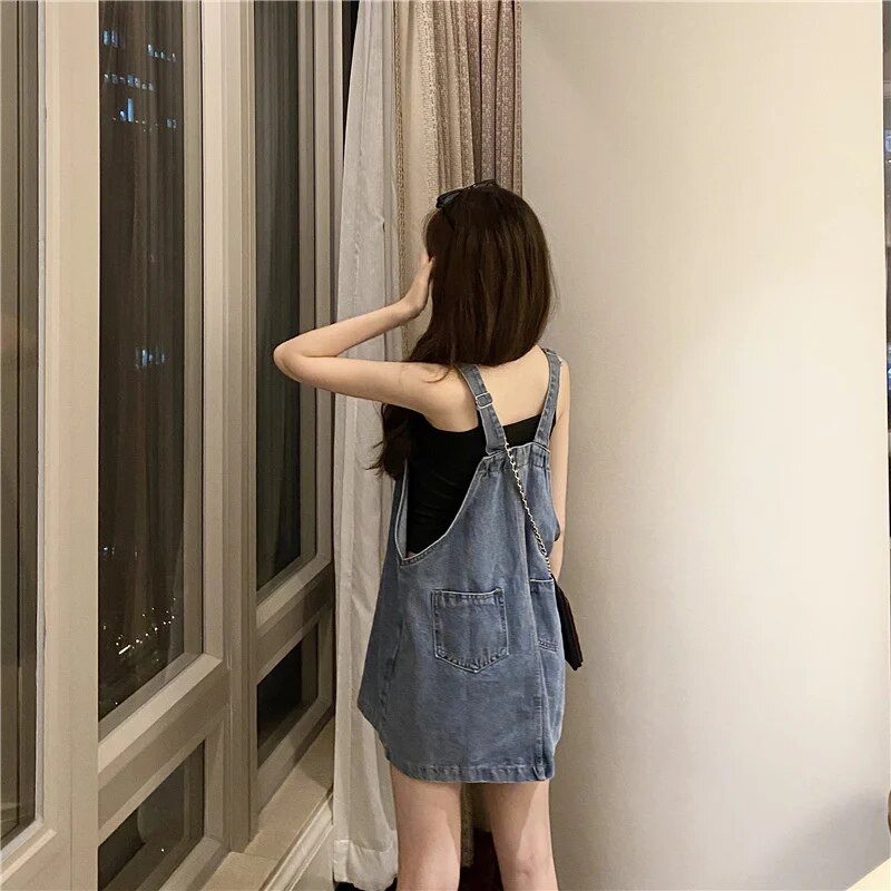 Aiertu Korean 2000s Fashion Denim Dresses for Large Women Plus Size Summer Casual Teen Strap Retro Jeans Loose Overall Dress Women Aiertu