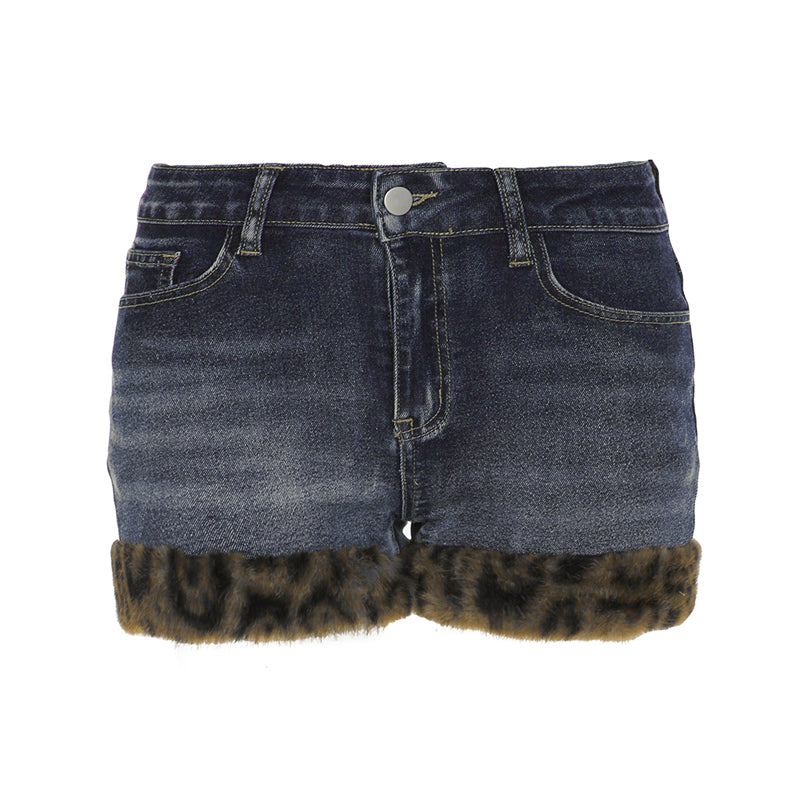 Aiertu - summer inspo Fashion Y2k Leopard Faux Fur Spliced Jean Shorts Women Chic Trendy Street Shorts Retro Exquisite Aiertu