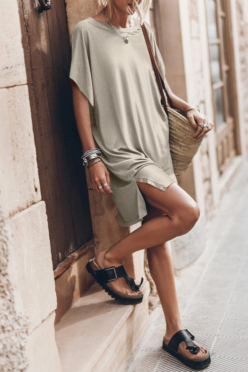 Aiertu  -  Casual Simplicity Solid Slit O Neck Short Sleeve Dress Dresses Aiertu