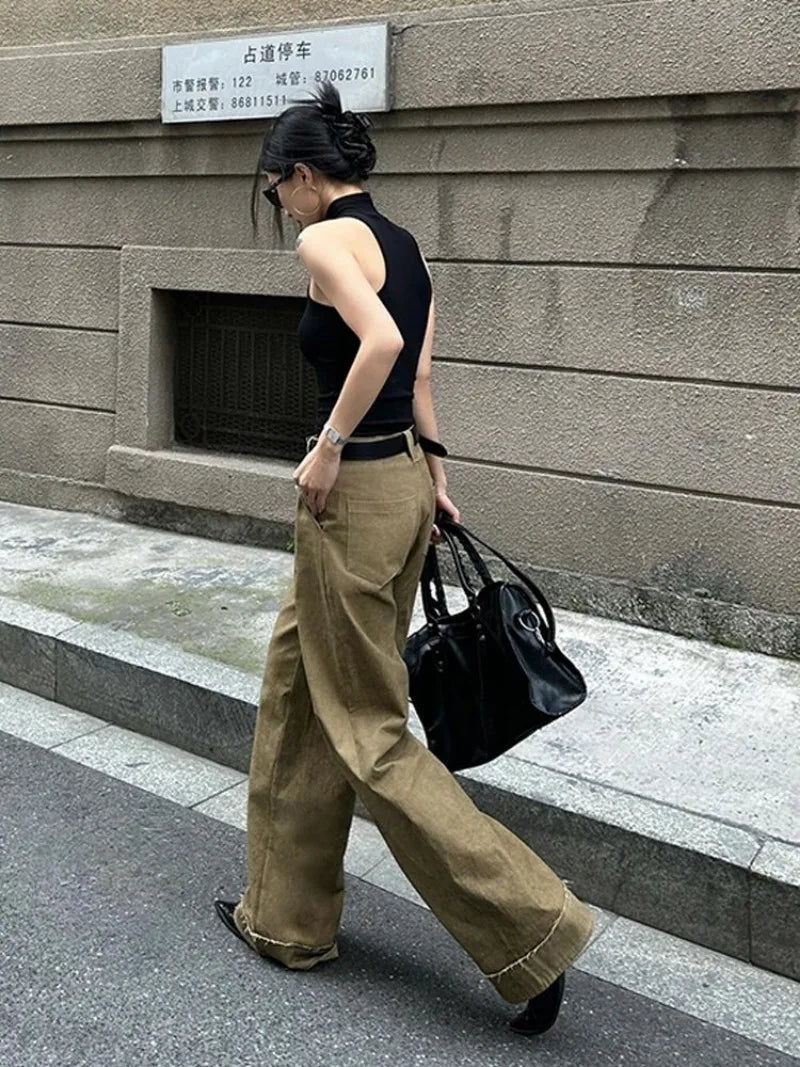 Aiertu  -  American Fashion Simple Khaki Casual Pants Women Y2K High Street Retro Loose Harajuku Street High Waist Straight Trousers Aiertu
