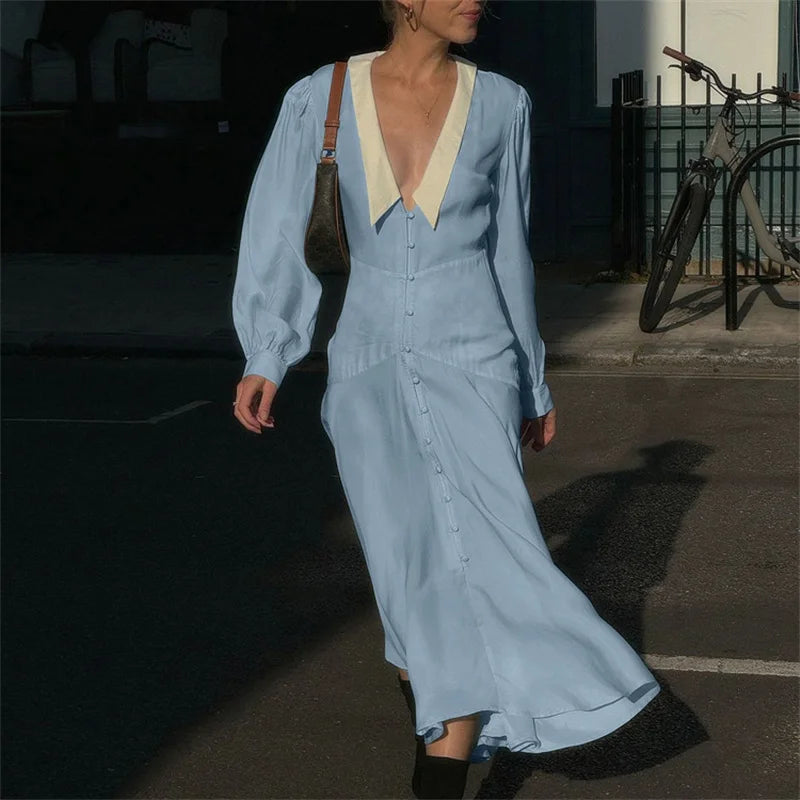 Aiertu    -  Long Sleeve Cardigan Maxi Dress For Women Slim Fit Elegant High Waist Patchwork Single Breasted Fashion Holiday Dress Aiertu