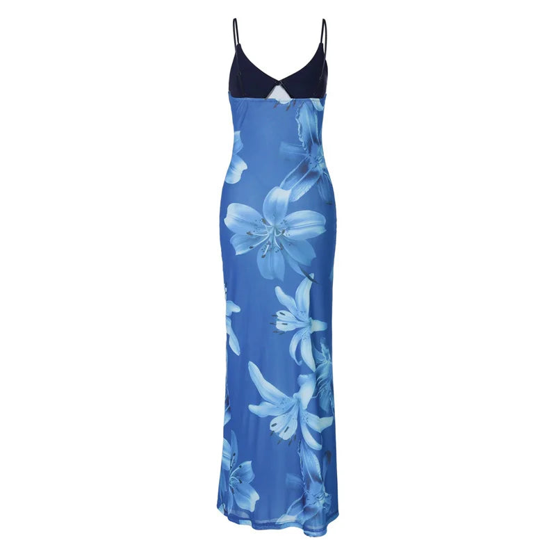 Aiertu  -  Print Sexy Spaghetti Strap Maxi Dress For Women V-neck Mesh Fashion Print Slim Fit Sleeveless Backless Holiday Dress Aiertu