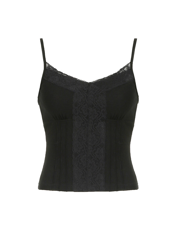 Aiertu - summer inspo Hot Black Solid Lace Patchwork Slim V Neck Basic Cute Camisole Women White Y2K Crop Top Aiertu