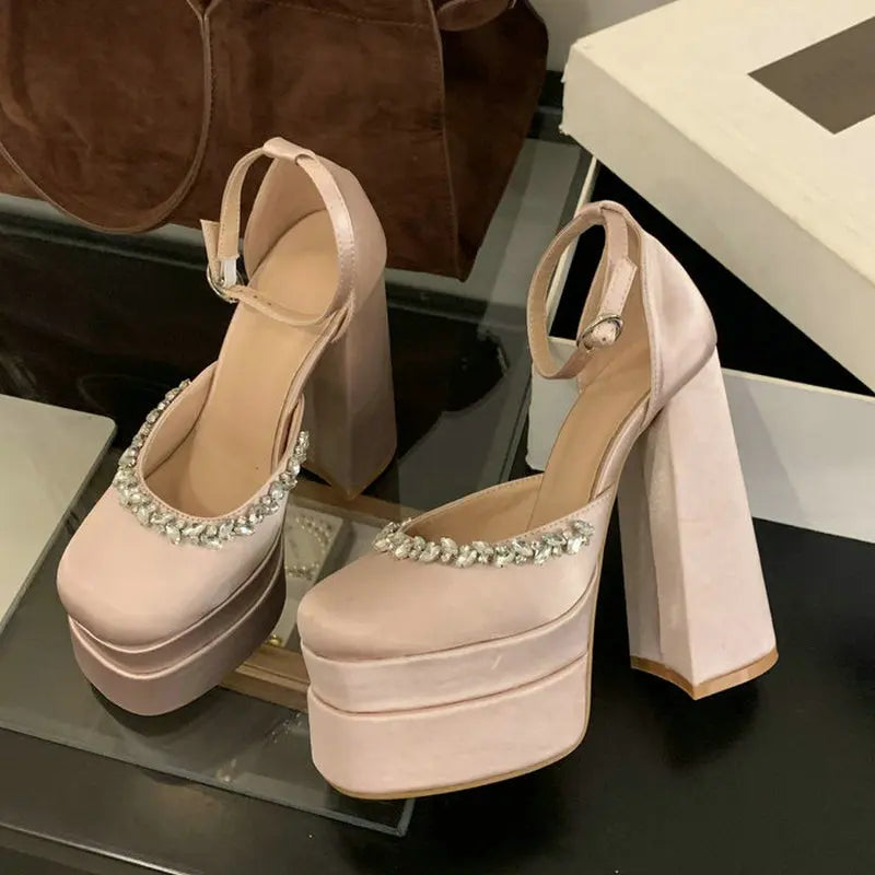 Aiertu  -  Women'S Summer Fashion Waterproof Platform Sandals Square Hollow Thick Heel Bao Head High Satin High Heels Catwalk Pumps Aiertu