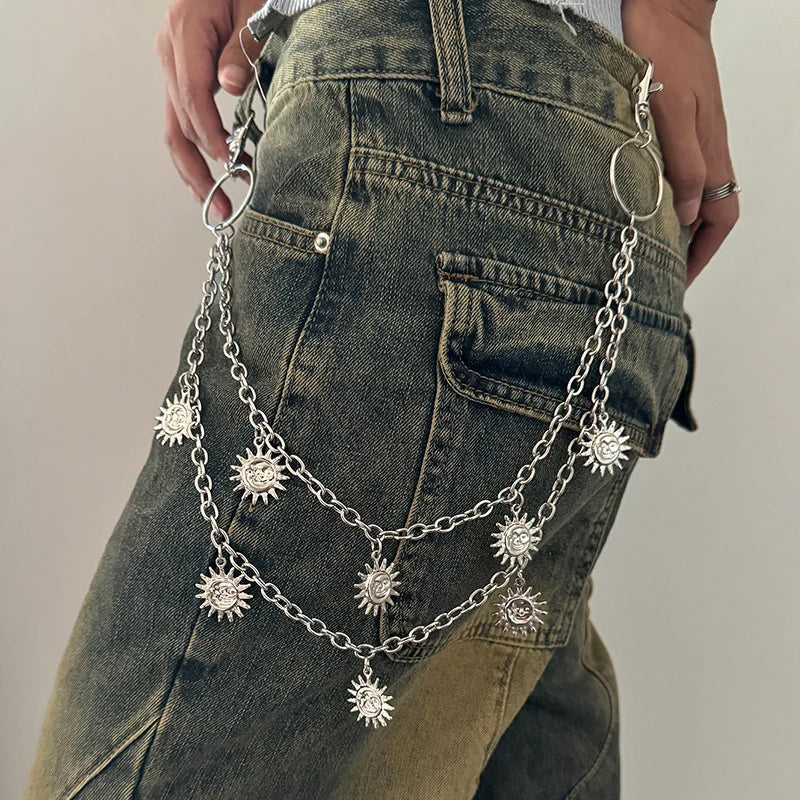 Aiertu Unisex Jeans Pannts Chain Belts For Men and Women Punk Metal Crescent Geometric Bag Chain Hip Hop Hipster Cool Street keychain Aiertu