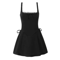 Aiertu  -  2025 Women Black White Elegant Party Sling Mini Dress Lace Trim A-line Mini Summer Dresses Bow Robe Aiertu
