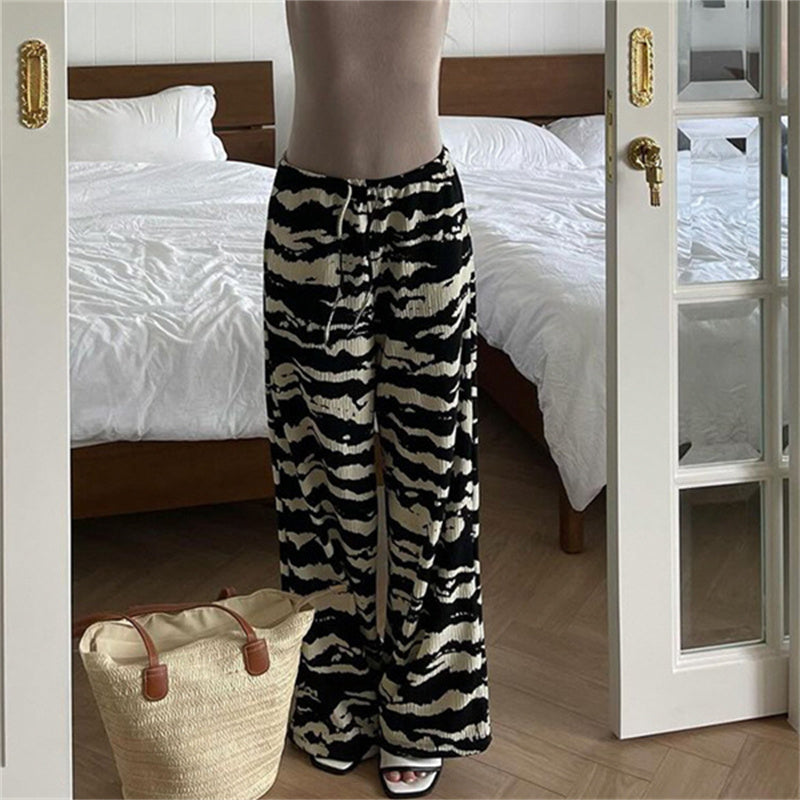 Aiertu  -  -Y2K Pants Women Zebra Print Knit Wide Leg Pants Streetwear Drawstring Elastic Straight Trousers Casual All Match Chic Outfits Aiertu