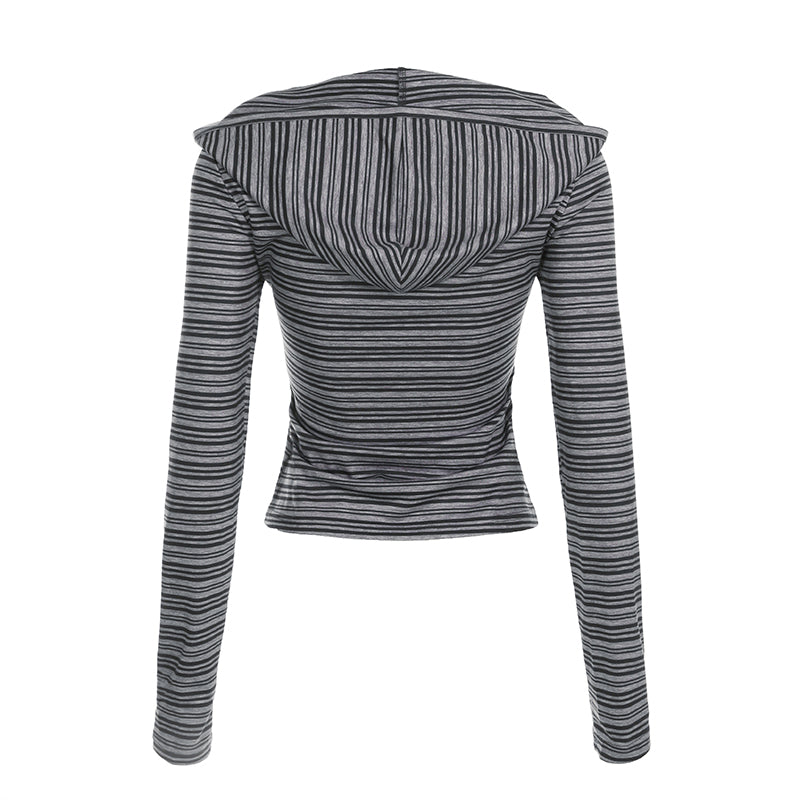 Aiertu - summer inspo Casual Striped Breasted Long Sleeve Hooded T-Shirts Women Design Slim Fit Simple Fashion Blouses Aiertu
