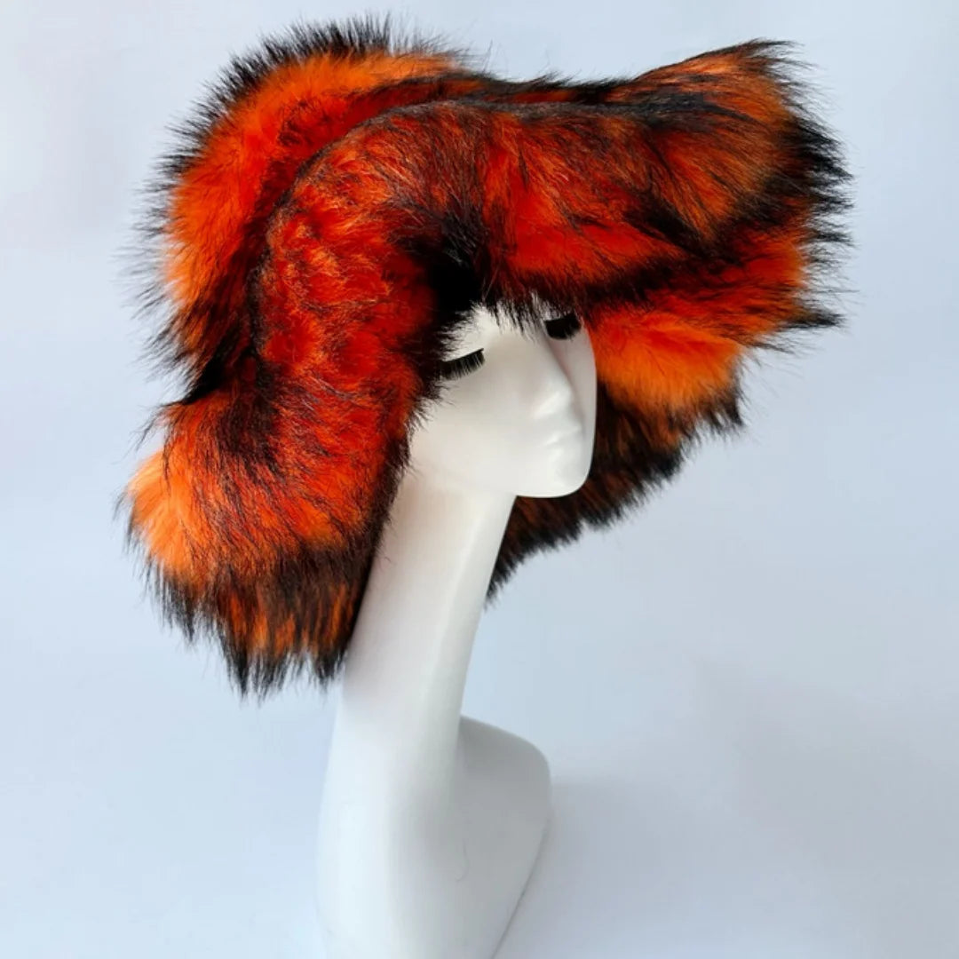 Aiertu  -  Luxury Fluffy Women Faux Fur Bucket Hats Oversized 17cm Wide Brim Thicken Outdoor Warm Plush Punk Hat Girl Y2k Female Ski Panama Aiertu