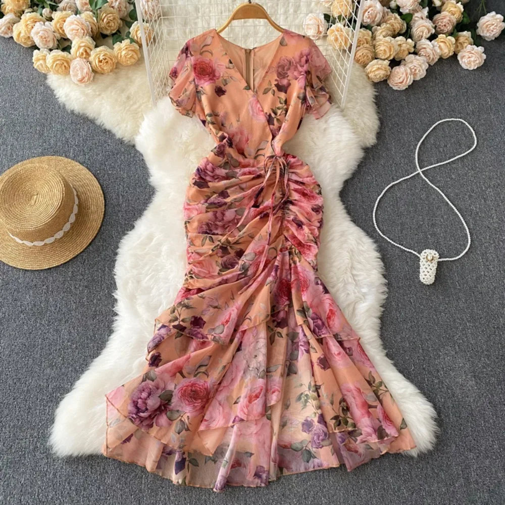 Aiertu  -  Casual Summer V Neck Butterfly Sleeve Print Robe Slim French Style Vintage Bodycon Mujer Mermaid Drawstring Lace Up Dress Aiertu