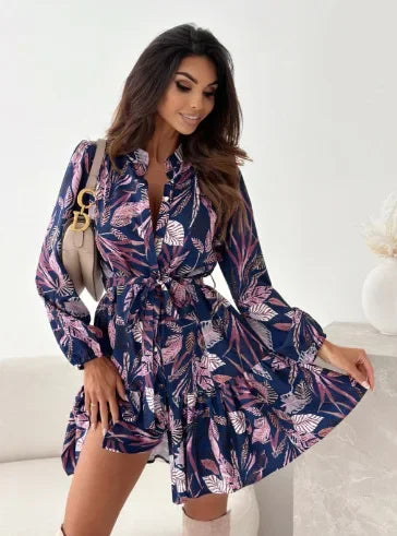 Aiertu  -  Autumn New V-neck Printed Long-sleeved Dress Lace-up Ruffle Edge Splicing Shirt Skirt Aiertu