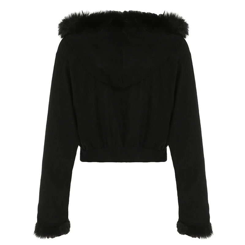 Aiertu  -  Y2K Corduroy Jacket Korean Fashion Women Furry Trim Hoodies 2000s Black Zipepr Coat Autumn Street Harajuku Outwear Aiertu