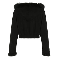 Aiertu  -  Y2K Corduroy Jacket Korean Fashion Women Furry Trim Hoodies 2000s Black Zipepr Coat Autumn Street Harajuku Outwear Aiertu