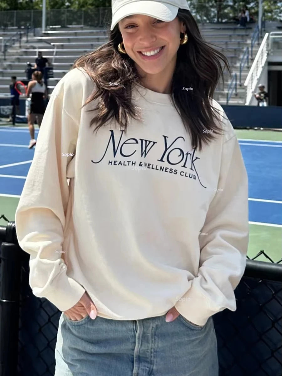 Aiertu  -   New York Letter Print Sweatshirt Women Classic O Neck Long Sleeve Pullover Autumn Casual Vintage Sporty Rich Sweatshirt 2026 New Aiertu