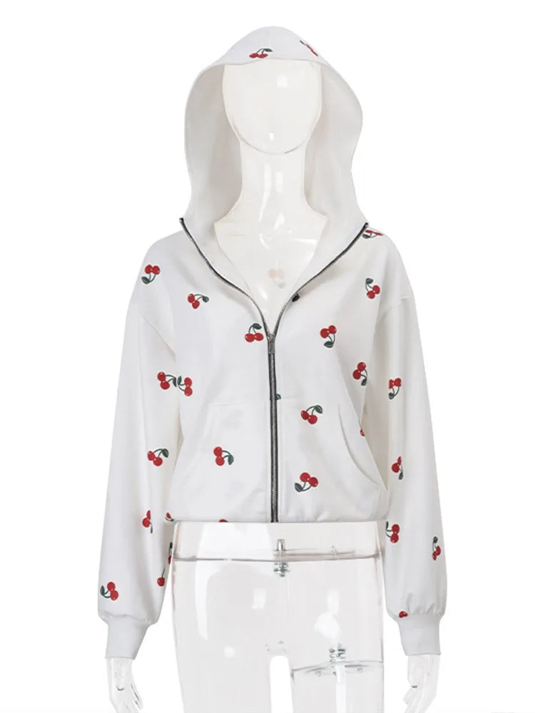 Aiertu  -  Cherry Printed Sweatshirt  Women Hooded Zipper Full Sleeve Thicken Lady Coats 2025 Spring Autumn Fashion Female Jacket Tops Aiertu