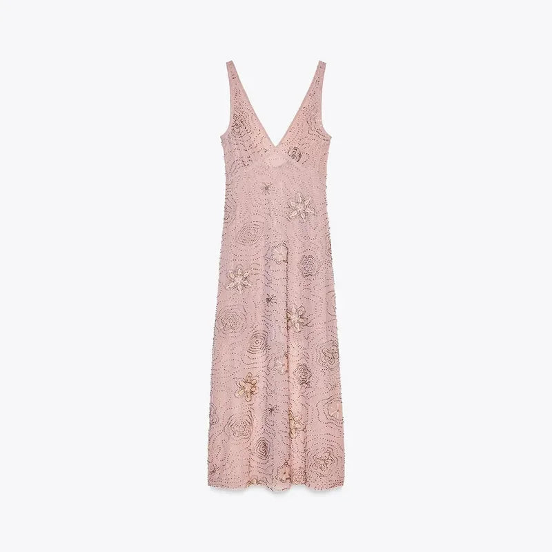 Aiertu  Chic Floral Sequin Bead Embroidery Ruffle Sling Dress For Women Y2k Sleeveless Backless Evening Dress Vacation Beach Party Robes Aiertu