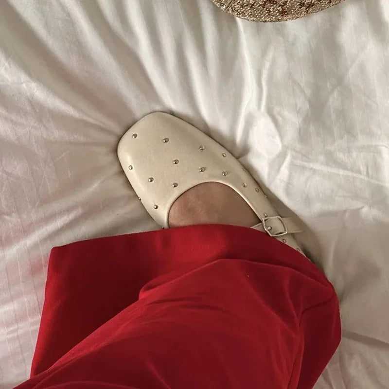 Aiertu  -   Square Toe Red Rivet Mary Jane Shoes Women Elegant Spring Autumn Flats Shoes Ladies Shallow Casual Black Loafers Footwear 2025 Aiertu
