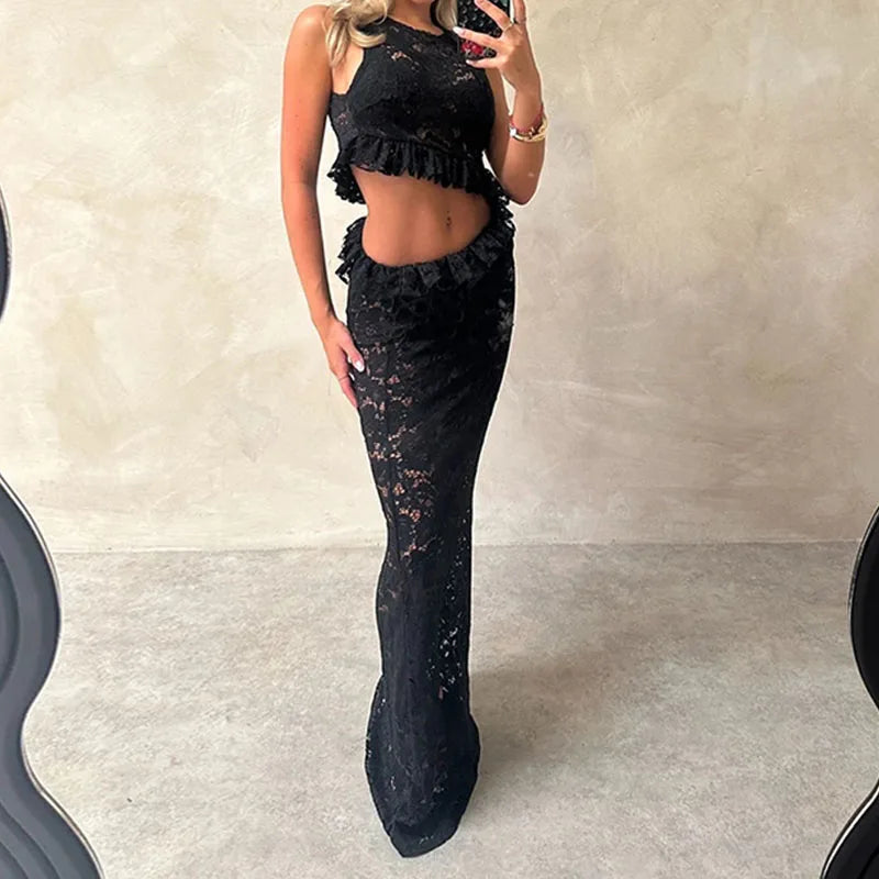 Aiertu  -  Women Sexy Hottie Sleeveless Party Dress 2026 Elegant Lace Fringe Ruffle Slim Dress Fashion O-Neck Hollow Out Solid Long Dresses Aiertu