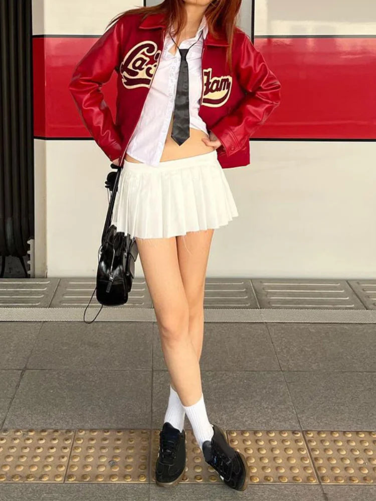 Aiertu  - Women Leather Fashion Embroidery Zipper Short Jacket Elegant Long Sleeves Lapel Loose Coats Autumn Female Streetwear Outercoat Aiertu