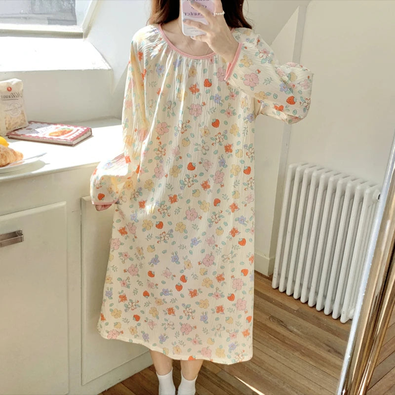 Aiertu Long Sleeve Nightgowns Women Floral Bow Temper Autumn Home Cozy Aesthetic O-neck Prairie Chic All-match Sleepwear Korean Style Aiertu