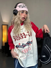 Aiertu  -  Sport Stripe Oversized T Shirt Women Letter Print Patchwork Raglan Sleeve Tops American Retro Harajuku Clothing Summer Aiertu