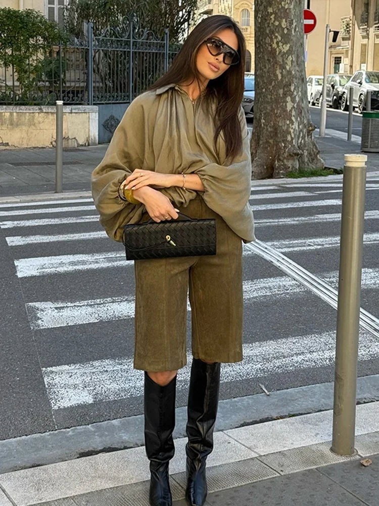Aiertu  -  Pleated Green Oversize Jacket Women Long Lantern Sleeve Lapel Folds Elegant 2025 Spring Coat Street Commuter Lady Streetwear Aiertu