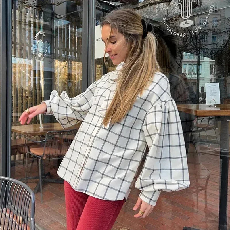 Aiertu  -  Elegant Plaid Lace Up Women Shirts 2026 Spring Ruffle Long Sleeve Single Breasted Simple Blouses Female Casual Loose Lady Tops Aiertu