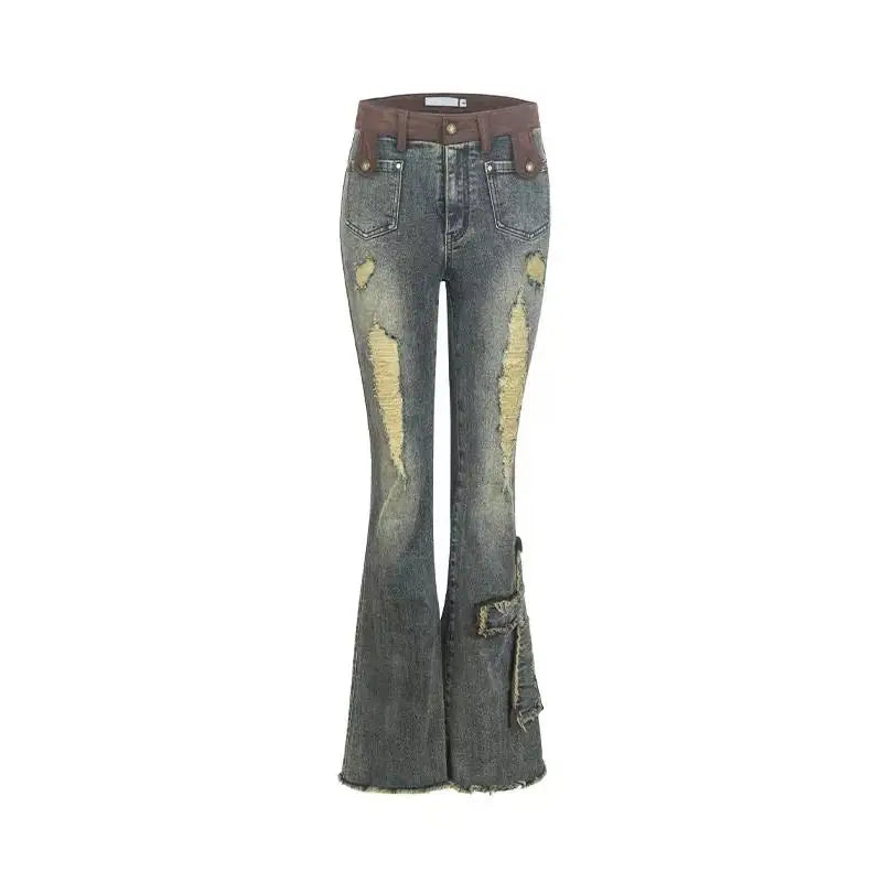 Aiertu  Cross Patchwork Bootcut Pants for Women Destroyed High Rise Slim Trousers Y2k Flare Jeans 90s Retro Korean Streetwear Aiertu