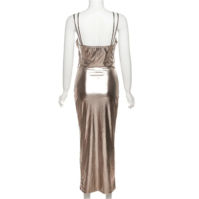 Aiertu  -  Spaghetti Strap Slash Neck Golden Blink Sleeveless Backless Maxi Hip Dress Spring Summer Y2K Street Trendsetter Vestido Aiertu