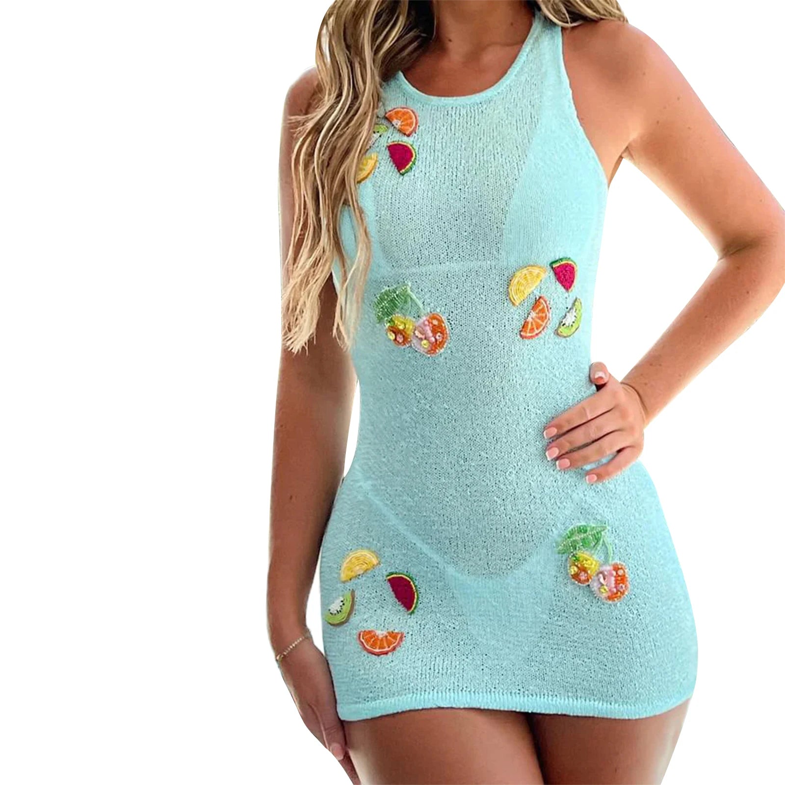 Aiertu  -   Women s Sleeveless Knitted Dress with Round Neckline and Colorful Fruit Patchwork Design Perfect for Summer Beachwear Aiertu