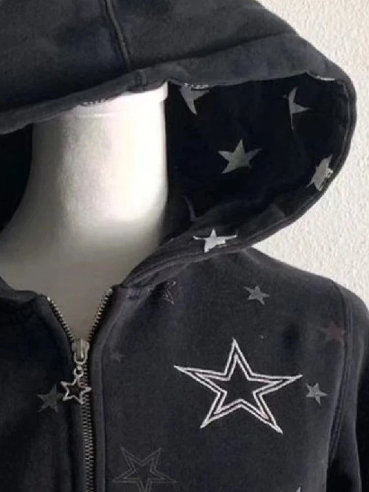 Aiertu  -  Harajuku Star Print Hoodies Women Casual Loose Hooded Sweatshirt Grunge Casual Y2k Aesthetic Vintage Streetwear Zip Up Hoodie Aiertu