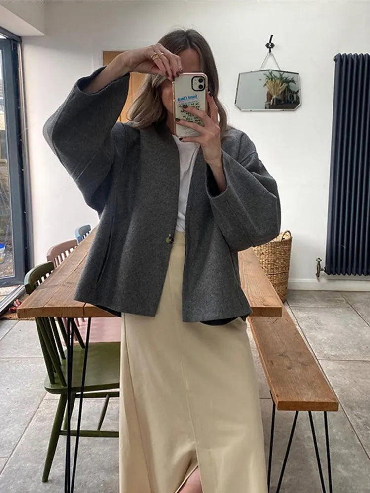 Aiertu  -  Casual Grey Button Fashion V-neck Wool Short Jacket Women's Long Sleeved Cardigan Jackets 2026 Chic Autumn Lady Outerwear Aiertu