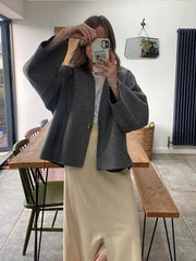 Aiertu  -  Casual Grey Button Fashion V-neck Wool Short Jacket Women's Long Sleeved Cardigan Jackets 2026 Chic Autumn Lady Outerwear Aiertu