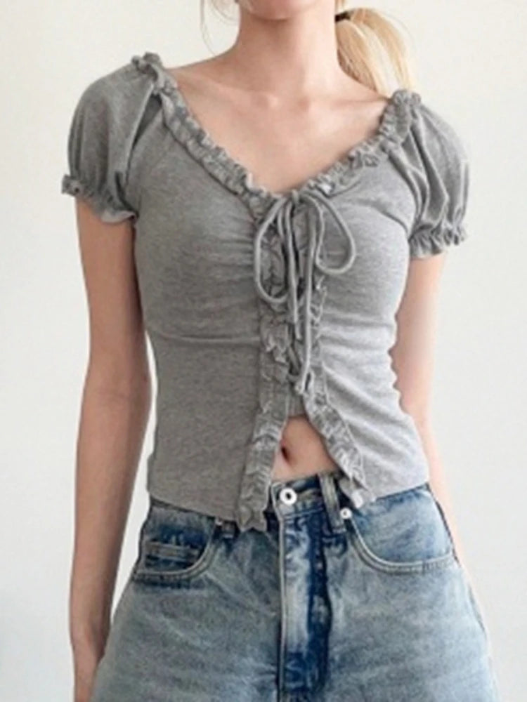 Aiertu  Women Y2k Aesthetic Ruffled Bandage T-shirt Summer Harajuku Fairy Vintage Slim Fit Tees Grunge Cropped Pleated Tops Streetwear Aiertu
