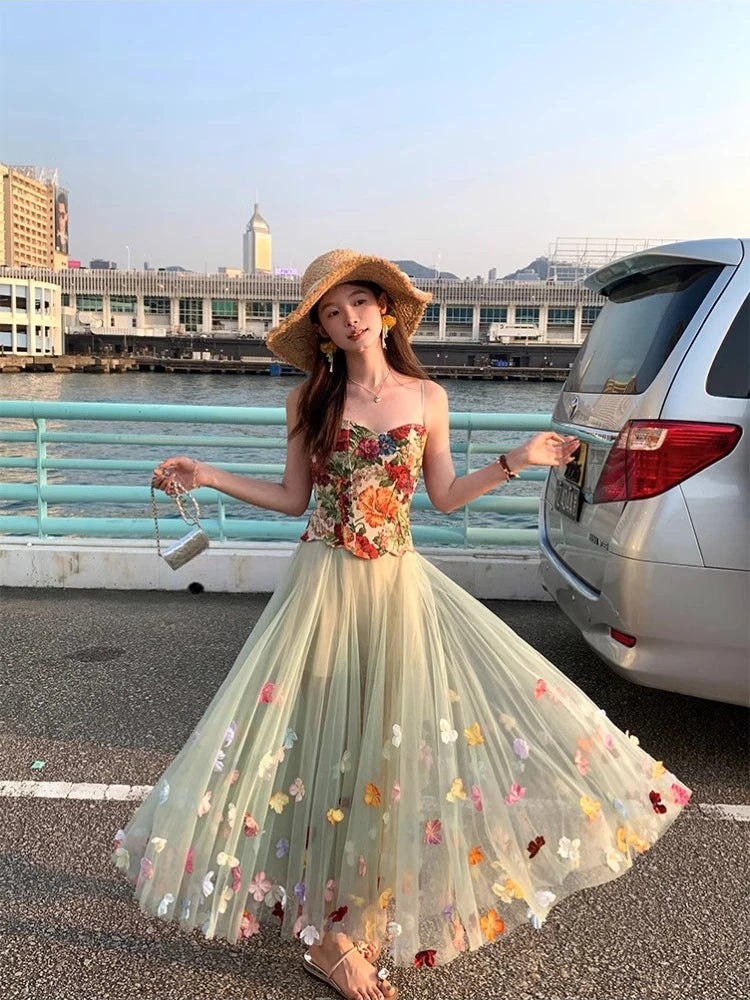 Aiertu  -  French Elegant 2 Piece Sets Women Casual Y2k Crop Top Vest + Midi Skirts Evening Party Clothing Beach Style Vintage Dress Sets Aiertu