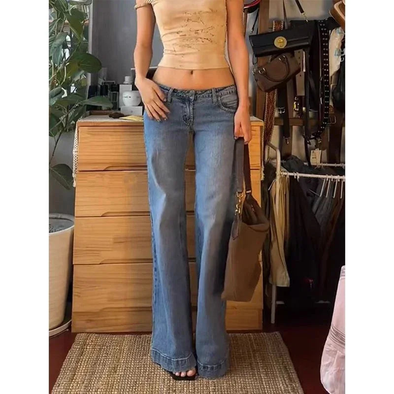 Aiertu  -  American Vintage Washed Low-rise Flared Jeans Stylish Street Chic Low Rise Jeans Hot Girl Simple Casual Trousers Pants Women Aiertu