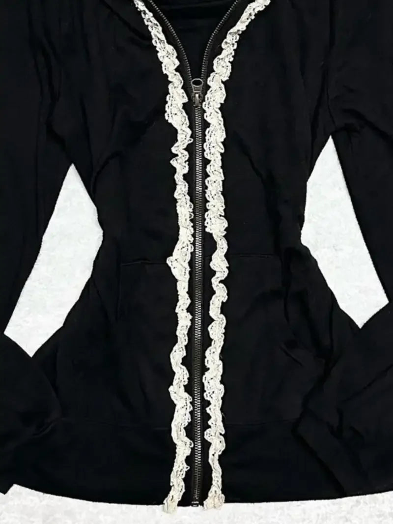 Aiertu  -  High Street Y2k Vintage Lace Slim Fit Zipper Hoodie Goth Grunge Hip Hop Premium Cotton Casual Harajuku Hottie Sexy Long Sleeve Aiertu
