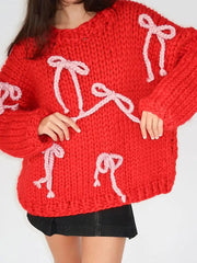 Aiertu  -  Bow Knitted Women Sweater Long Sleeve O Neck Lady Top 2026 Autumn New Sweetie Fashion Elegant Contrast Loose Female Pullover Aiertu