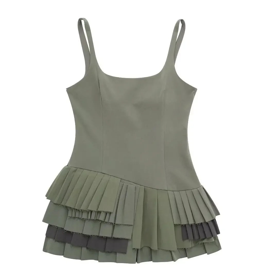 Aiertu  -  Women Fashion Pleated Spliced Hem Mini Dress Elegant Sleeveless Square Neck Bodycon Short Dresses Autumn High Street Party Robes Aiertu