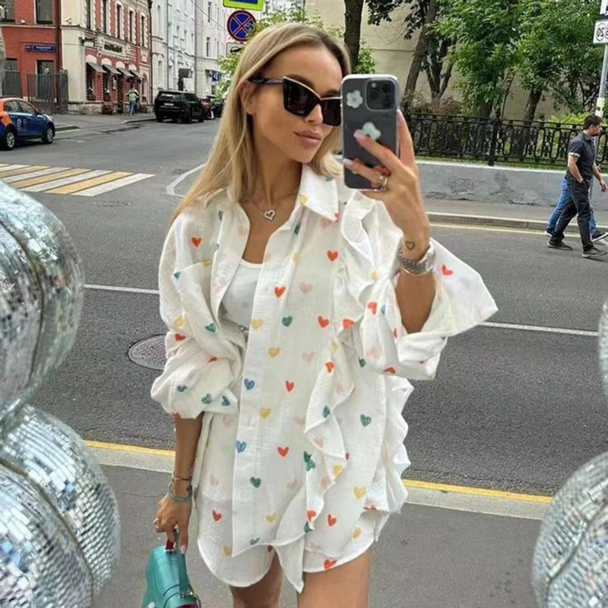 Aiertu  -   2026 New Heart Printed Short Set Women Long Sleeve Pocket Ruffle Cardigan+Short Pants Sets Spring Summer Casual Chic 2 Piece Set Aiertu
