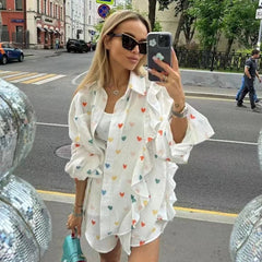 Aiertu  -   2026 New Heart Printed Short Set Women Long Sleeve Pocket Ruffle Cardigan+Short Pants Sets Spring Summer Casual Chic 2 Piece Set Aiertu