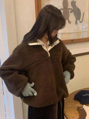 Aiertu  -  Korean Fashion Solid Lambswool Sweatshirt Women Winter New Buttons Collar Warm Pullover Vintage Loose Long Sleeve Sweatshirts Aiertu