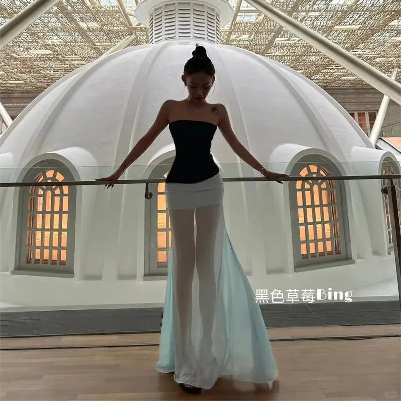 Aiertu  -  Sweet Hot Girl Pure Sexy Suit Women's Autumn Short Strapless Top High Waist Mesh Mermaid Long Skirt Two-piece Set Female Clothes Aiertu