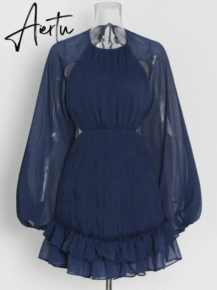 Backless Mini Dress For Women Round Neck Lantern Sleeve High Waist Solid Minimalsit Dresses Female Spring Clothing Aiertu