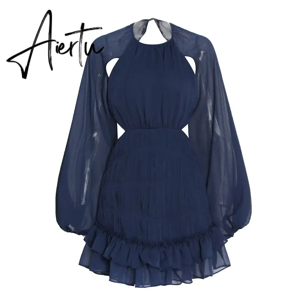 Backless Mini Dress For Women Round Neck Lantern Sleeve High Waist Solid Minimalsit Dresses Female Spring Clothing Aiertu
