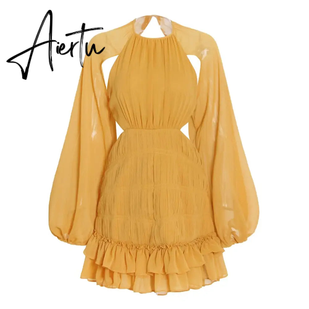 Backless Mini Dress For Women Round Neck Lantern Sleeve High Waist Solid Minimalsit Dresses Female Spring Clothing Aiertu