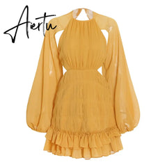 Backless Mini Dress For Women Round Neck Lantern Sleeve High Waist Solid Minimalsit Dresses Female Spring Clothing Aiertu