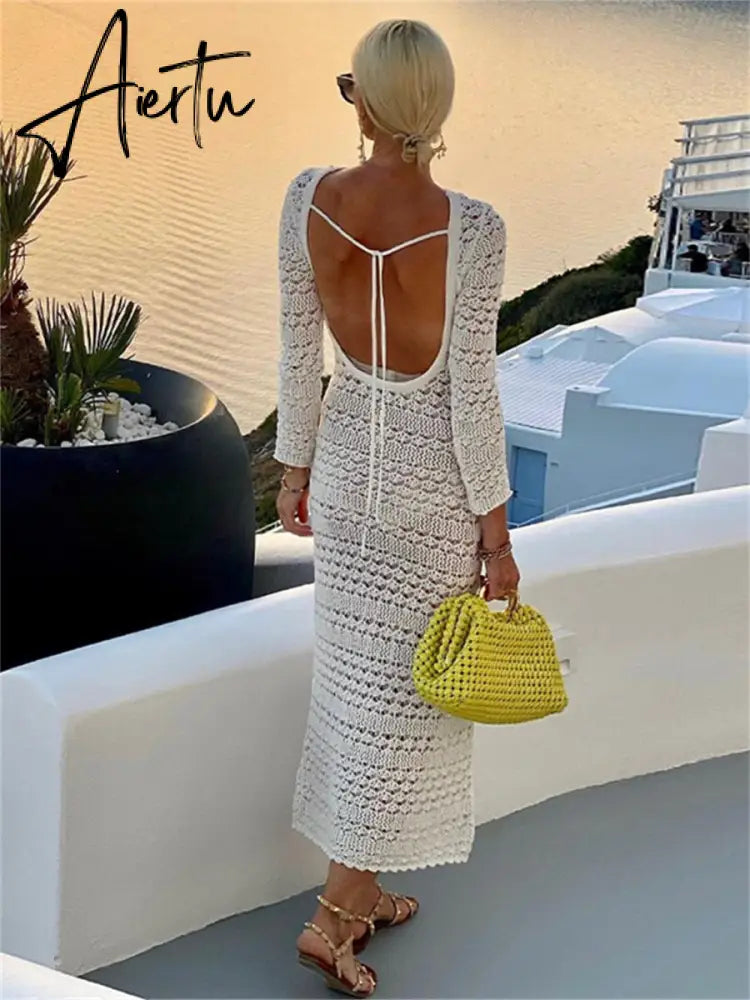 Backless Tie Up Knit Crochet Beach Long Dress Women Fall Spring Hollow-Out O-Neck Wrap Bodycon Dress Holiday Party Wear Aiertu