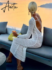 Backless Tie Up Knit Crochet Beach Long Dress Women Fall Spring Hollow-Out O-Neck Wrap Bodycon Dress Holiday Party Wear Aiertu