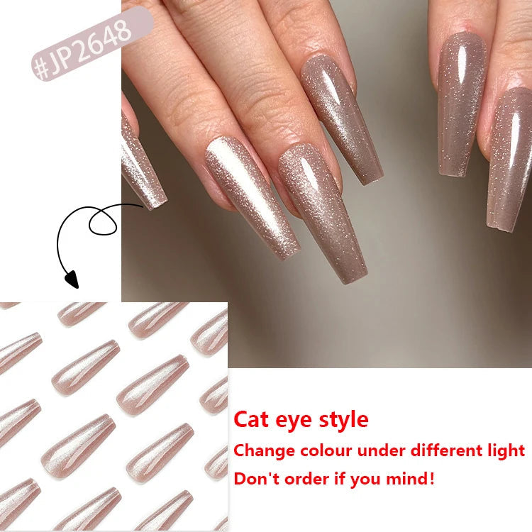 Aiertu Cat Eye Long Ballet Fake Nail Glitter Powder Raspberry Purple Blue Wearable Full Cover Finished False Art Nail Tip Press on Nail Aiertu